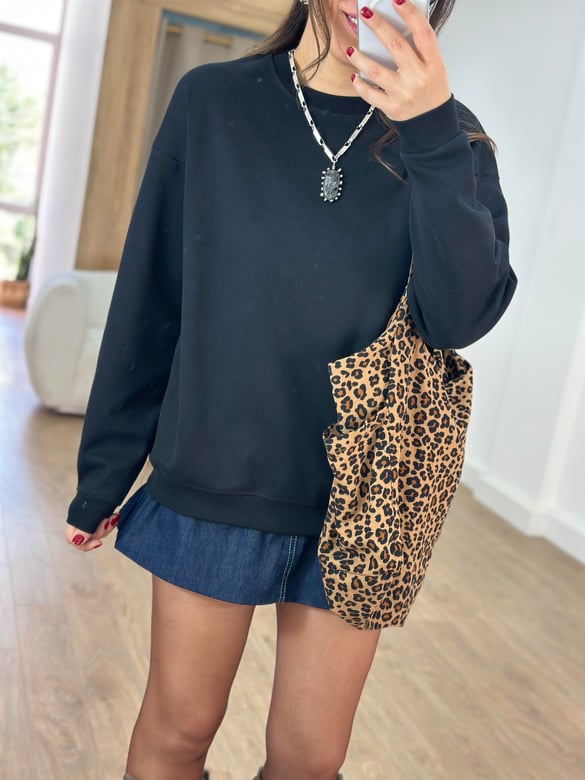 Bisiklet Yaka Pamuklu Basic Sweatshirt - Siyah