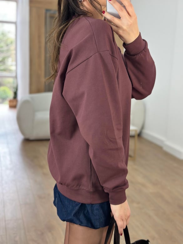 Bisiklet Yaka Pamuklu Basic Sweatshirt - Kahverengi