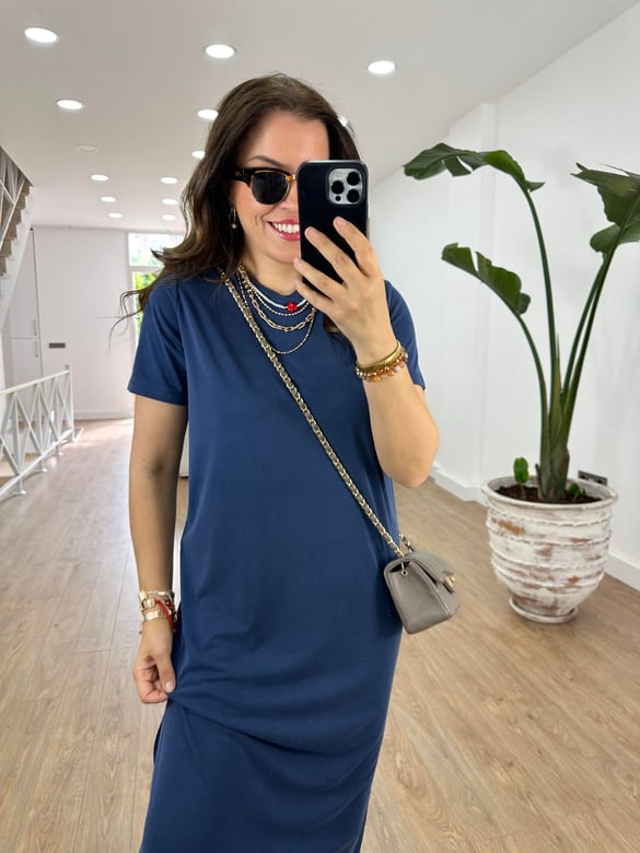 Bisiklet Yaka Yanları Yırtmaçlı Model Elbise-İndigo