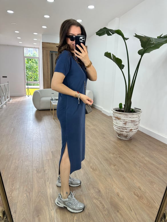 Bisiklet Yaka Yanları Yırtmaçlı Model Elbise-İndigo