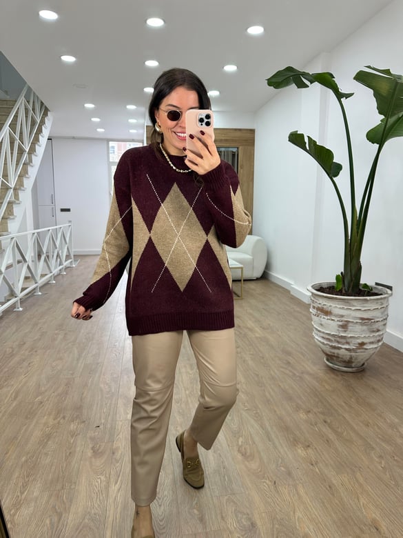 Bordo Camel Baklava Desenli Kazak