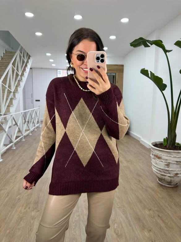 Bordo Camel Baklava Desenli Kazak