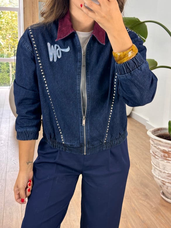 Bordo Kadife Yakalı Tasarım Denim Ceket 