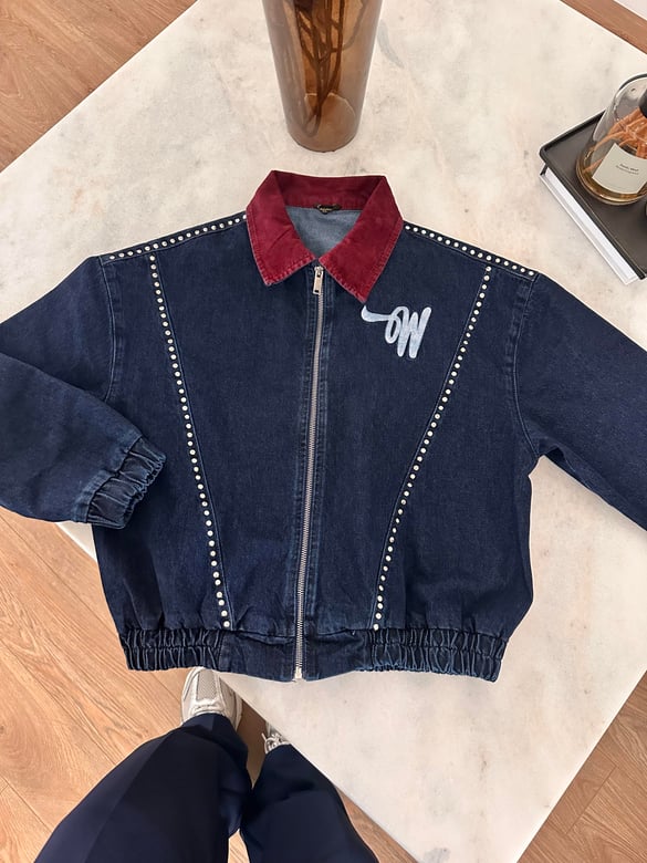 Bordo Kadife Yakalı Tasarım Denim Ceket 