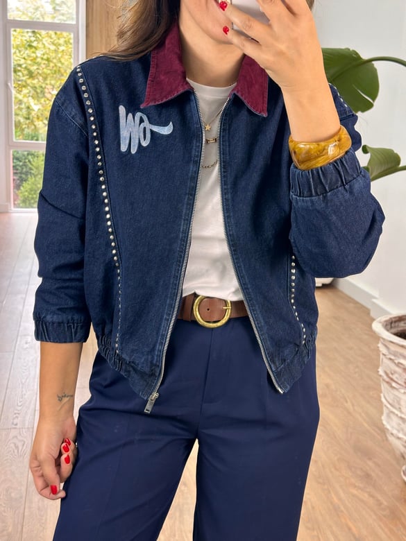 Bordo Kadife Yakalı Tasarım Denim Ceket 