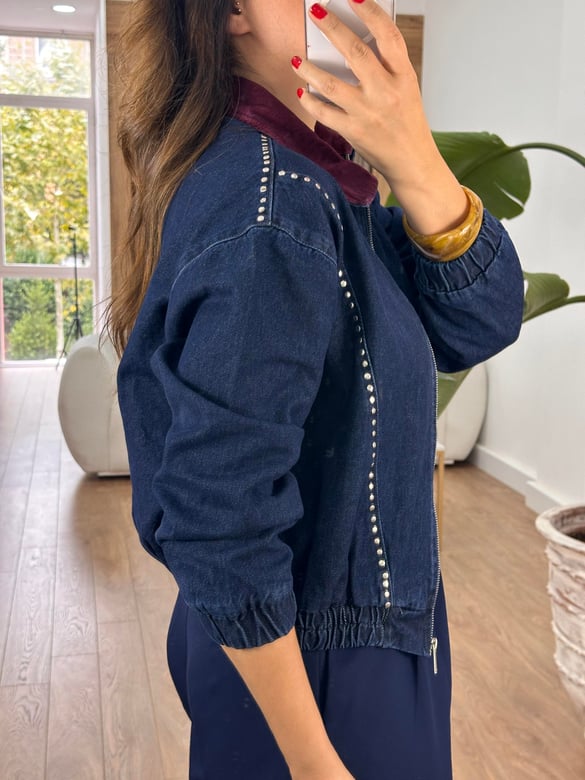 Bordo Kadife Yakalı Tasarım Denim Ceket 
