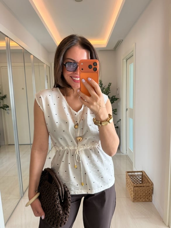 Beli Büzgülü Kahve Puantiyeli Bluz 