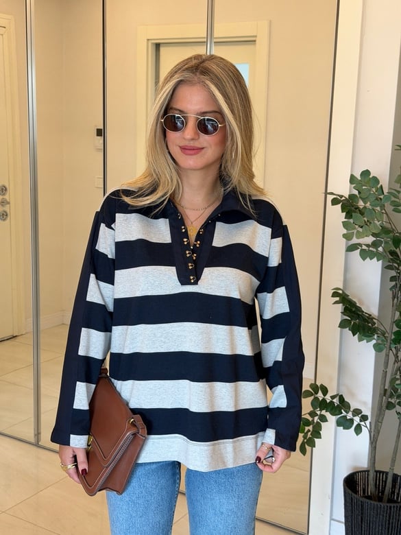 Agraf Detaylı Polo Yaka Çizgili Sweatshirt-Lacivert