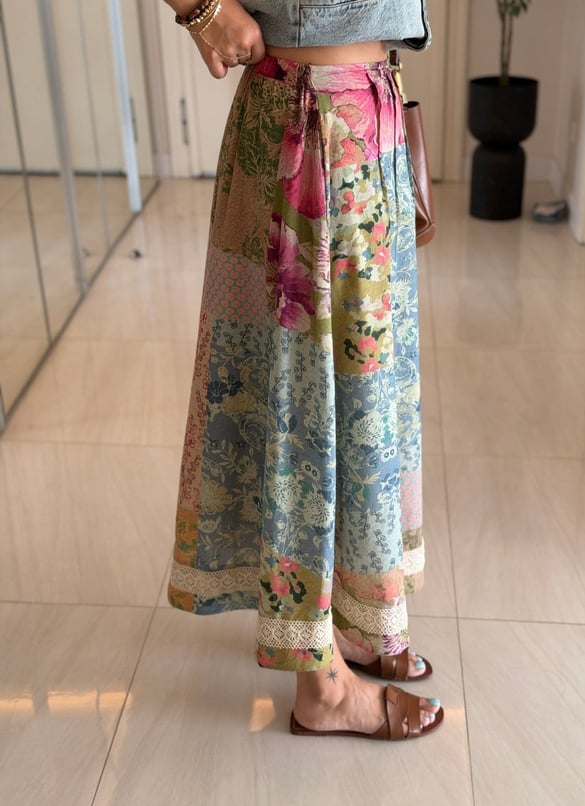 Patchwork Desen Dantel Detaylı Etek