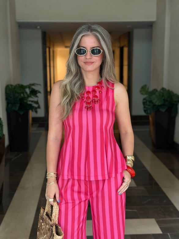 Kırmızı Pembe Çizgili Bluz Pantolon Takım