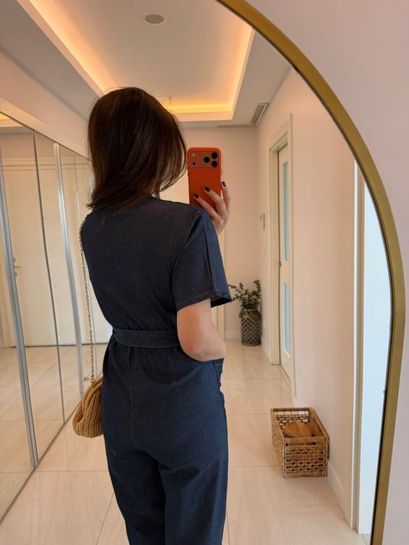Beli Kuşaklı Likralı Denim Tulum