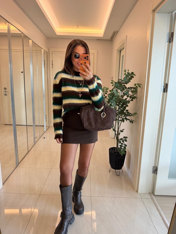 Kahve Sarı Çizgili Sakallı Triko Kazak