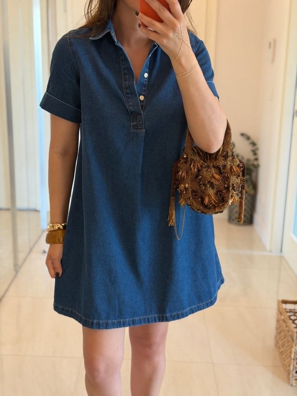 Polo Yaka Kısa Kollu Denim Elbise