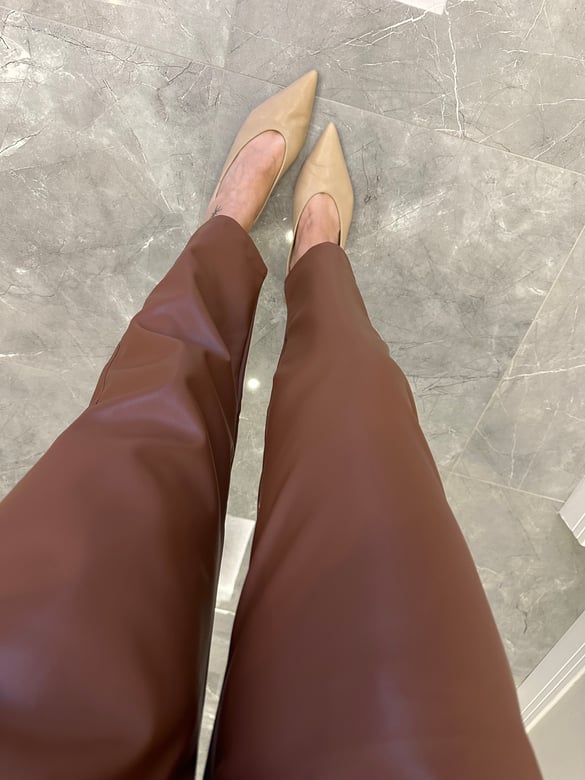 Çapraz Kapama Beli Lastikli Deri Pantolon - Taba 
