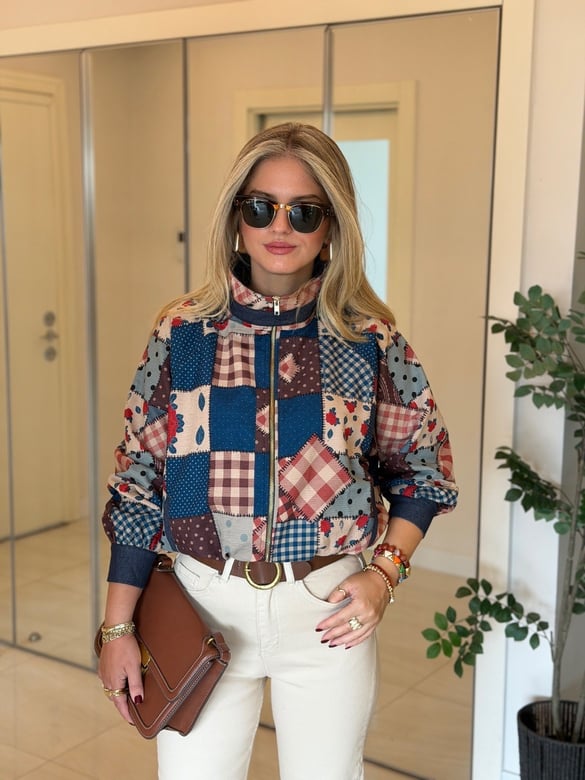Patchwork Desen Yüksek Yaka Bomber 