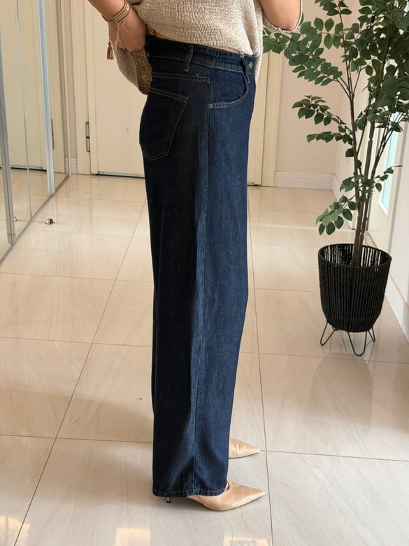 Bel Arkası Lastikli Tensel Denim Palazzo - Lacivert 