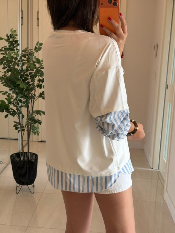 Çizgili Poplin Detaylı Sweatshirt-Beyaz