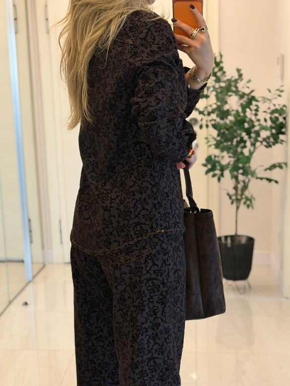 Orijinal Marka Jakar Dokuma Detaylı Denim Takım - Kahve