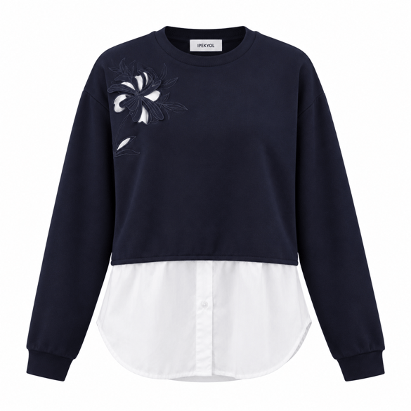 Orijinal Model Nakışlı Gömlekli Sweat - Lacivert
