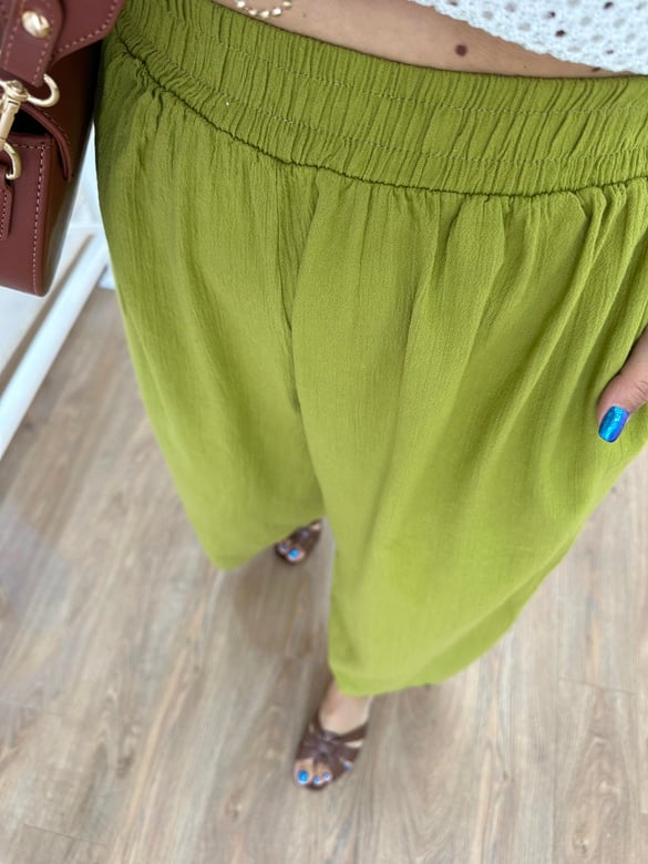 Cepli Beli Lastikli Bol Paça Pantolon Olive