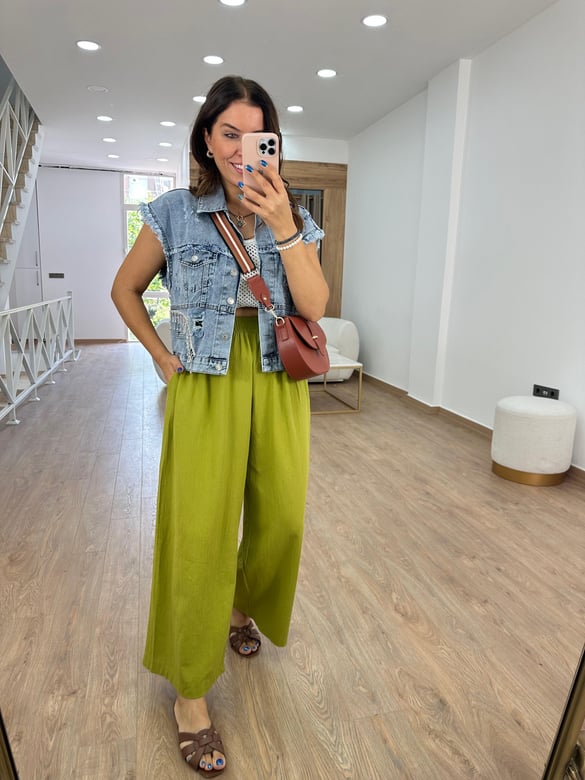 Cepli Beli Lastikli Bol Paça Pantolon Olive