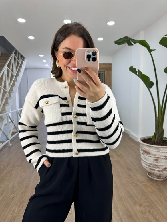 Cepli Gold Düğmeli Çizgili Hırka