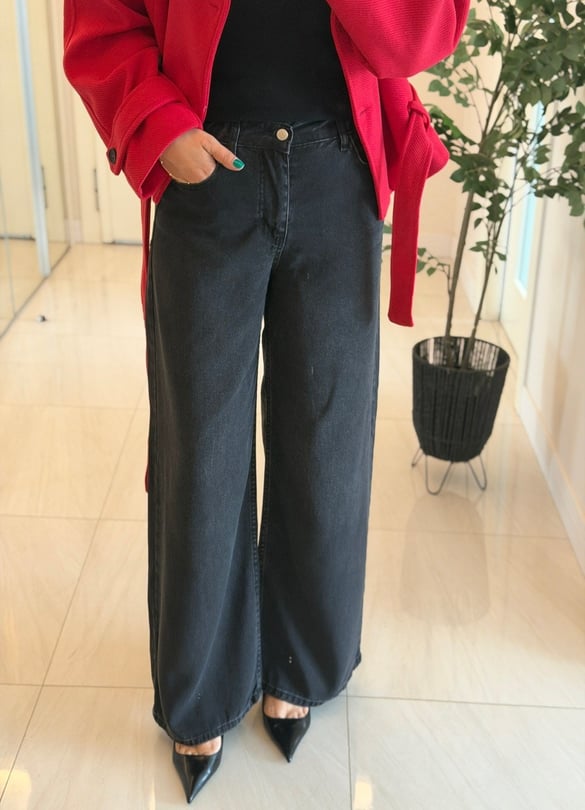 Bel Arkası Lastikli Tensel Denim Palazzo - Antrasit