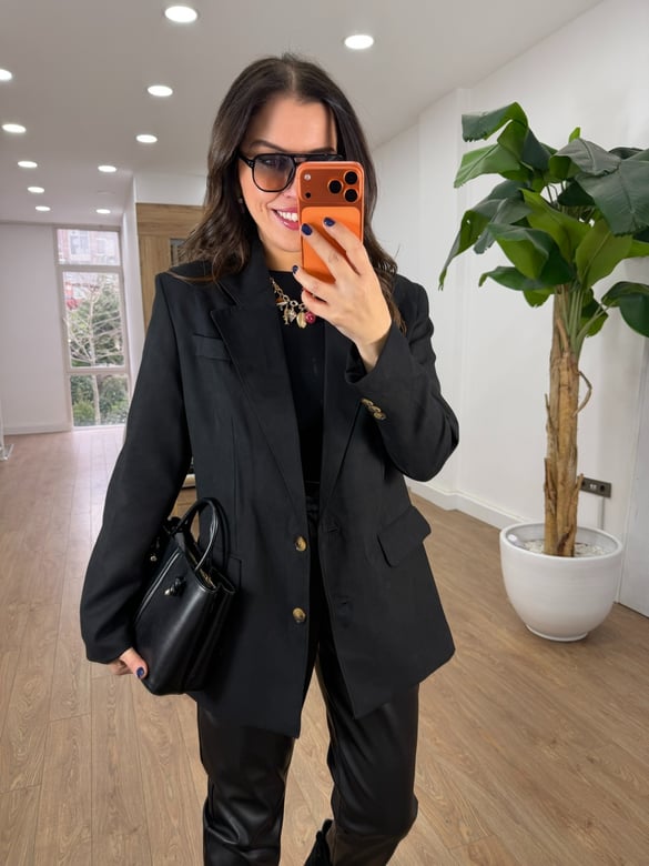 İki Düğmeli Süet Ceket - Siyah