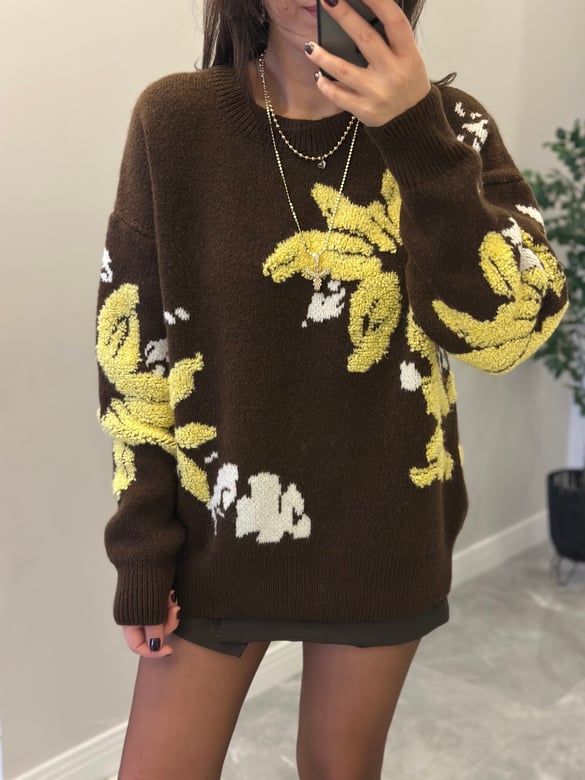 Çiçek Punch İşlemeli Oversize Kazak 