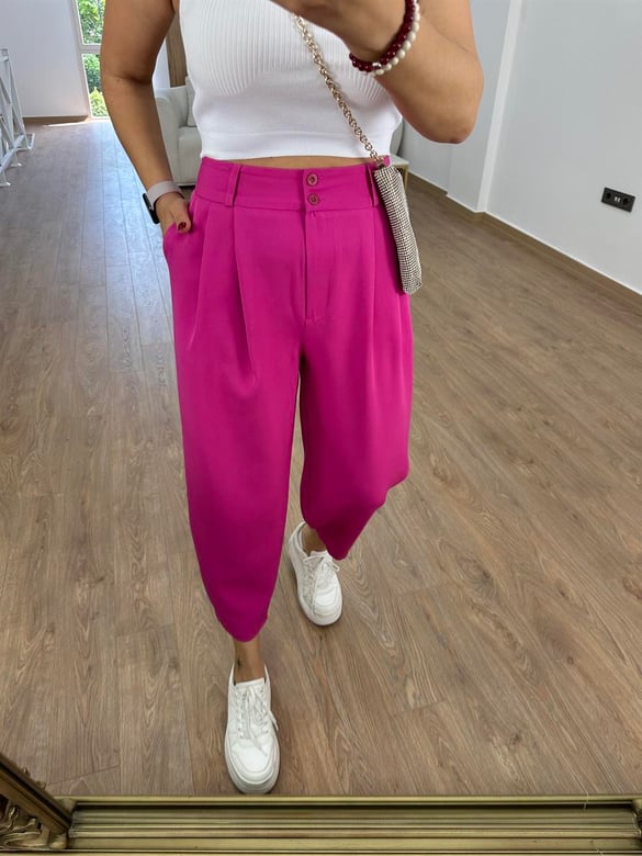 Çift Düğmeli Şalvar Kesim Pantolon-Fuşya