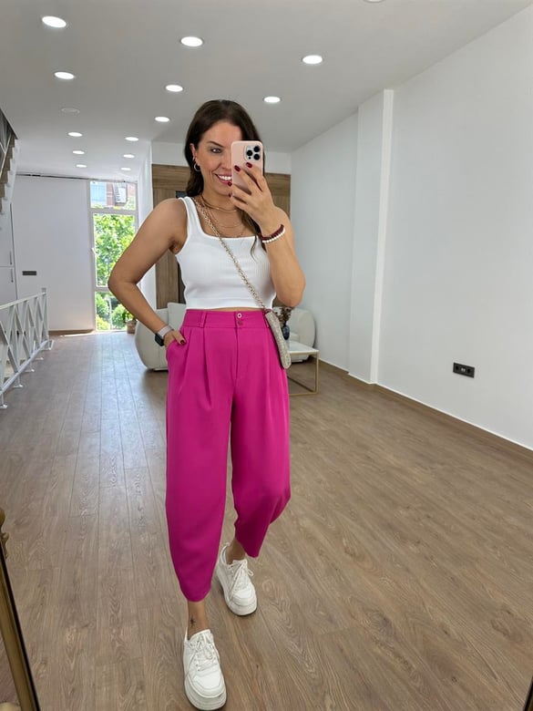 Çift Düğmeli Şalvar Kesim Pantolon-Fuşya