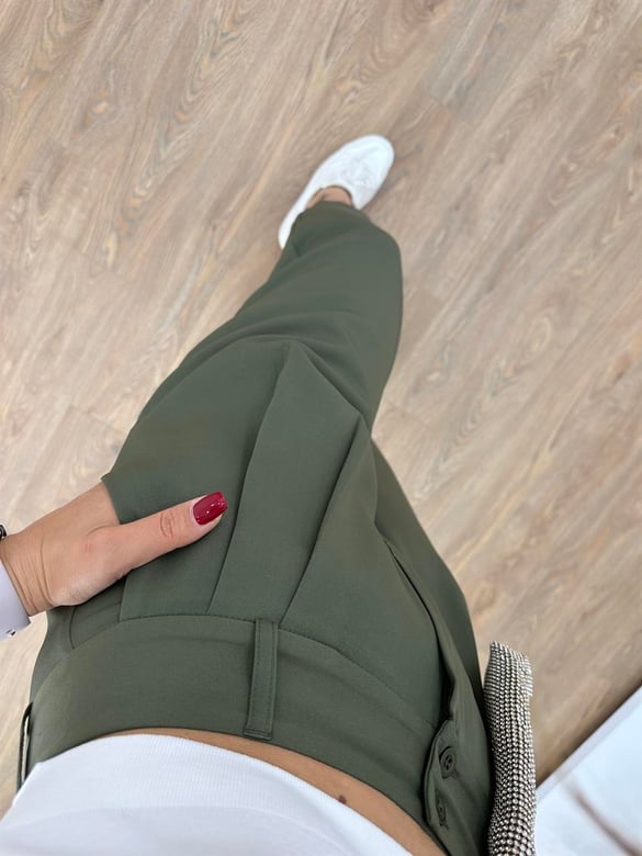 Çift Düğmeli Şalvar Kesim Pantolon-Haki