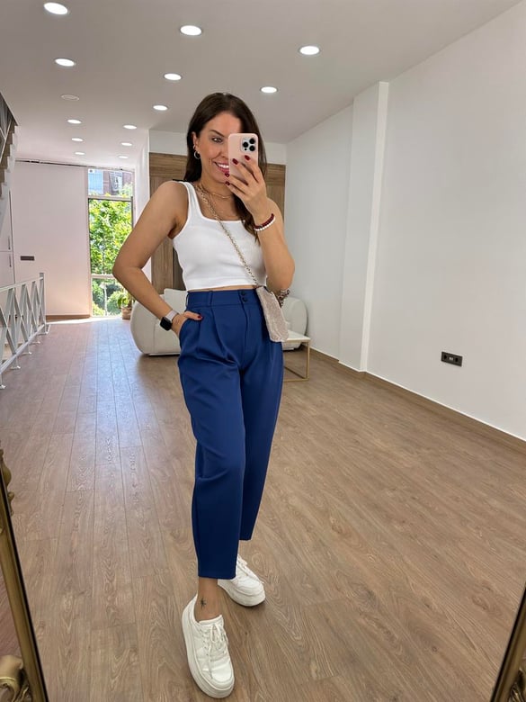 Çift Düğmeli Şalvar Kesim Pantolon-İndigo