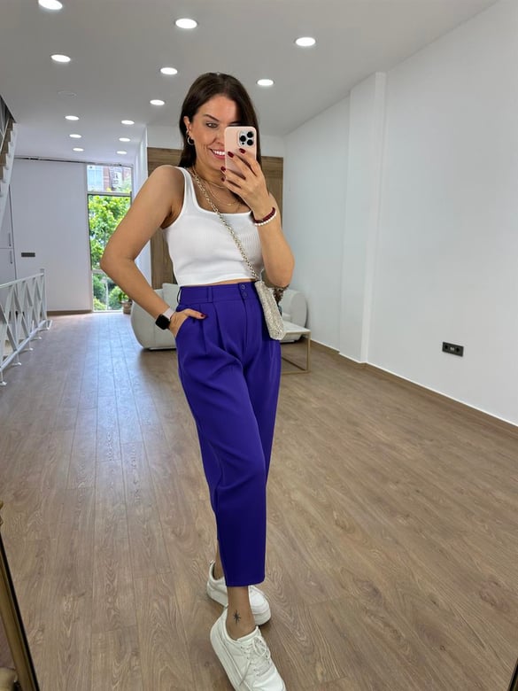 Çift Düğmeli Şalvar Kesim Pantolon-Mor
