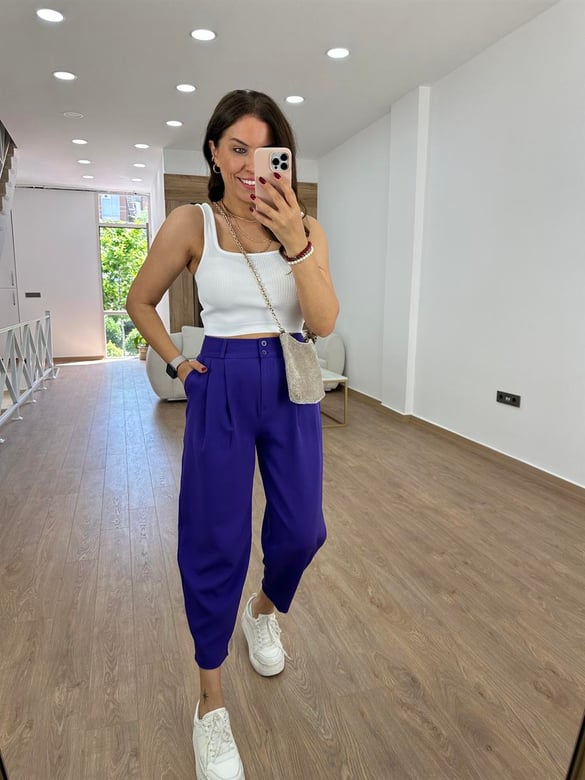 Çift Düğmeli Şalvar Kesim Pantolon-Mor