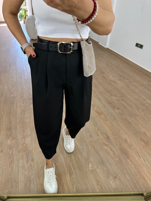 Çift Düğmeli Şalvar Kesim Pantolon-Siyah