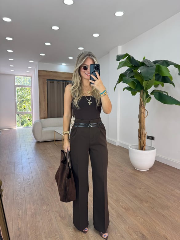 Çift Kemerli Premium Palazzo Pantolon - Kahverengi