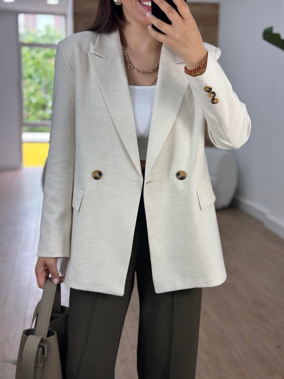 Çizgi Astarlı Keten Ceket-Taş