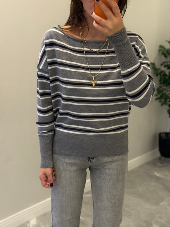 Çizgili Kayık Yaka Kazak Gri/Lacivert
