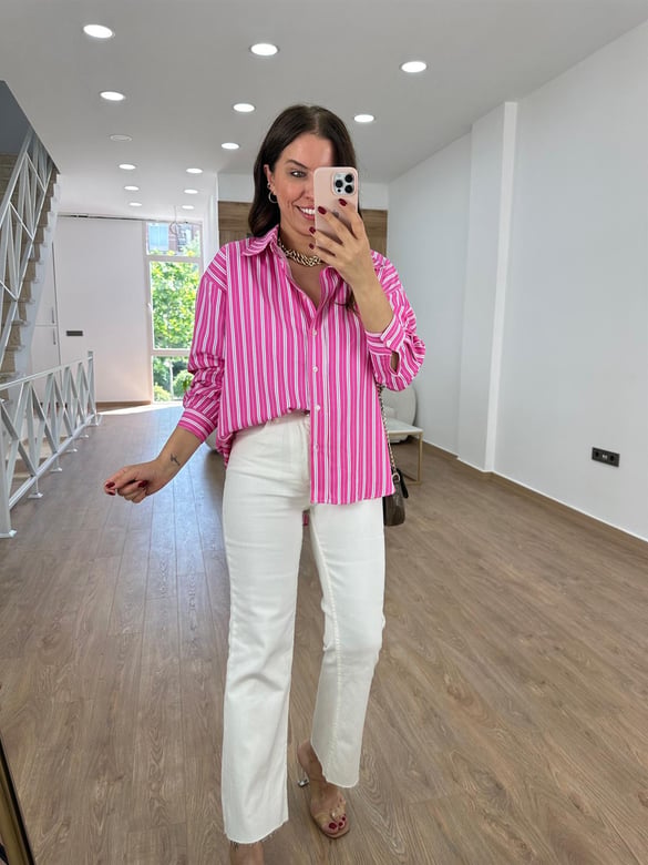 Çizgili Oversize Gömlek-Fuşya