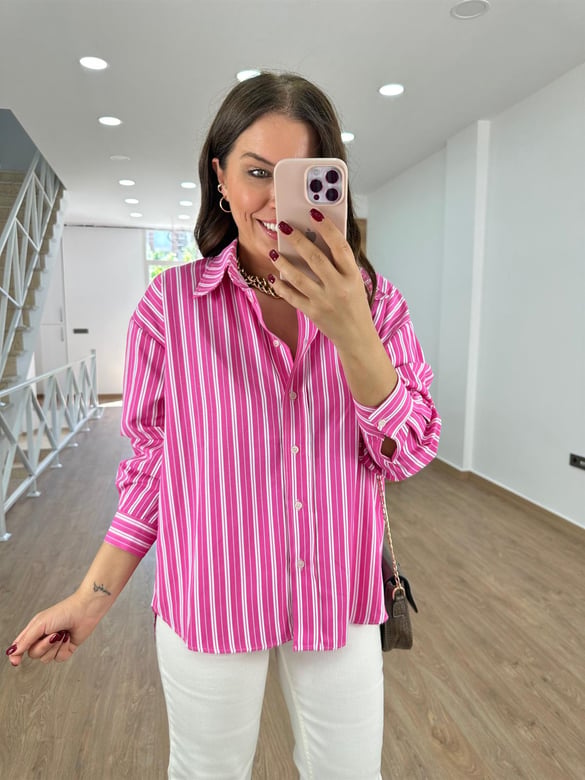 Çizgili Oversize Gömlek-Fuşya