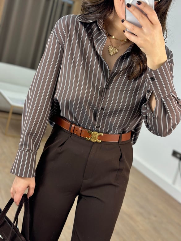 Çizgili Oversize Gömlek - Kahverengi