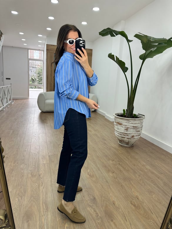 Çizgili Oversize Gömlek-Mavi