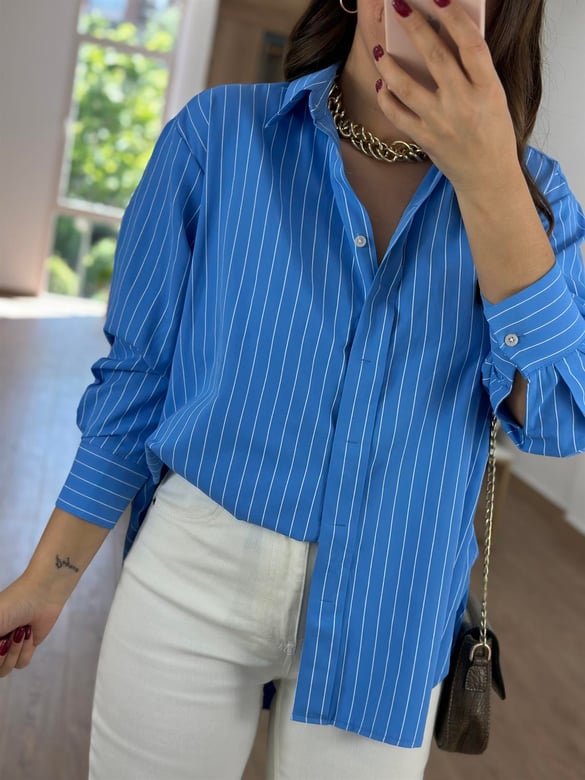 Çizgili Oversize Gömlek-Mavi