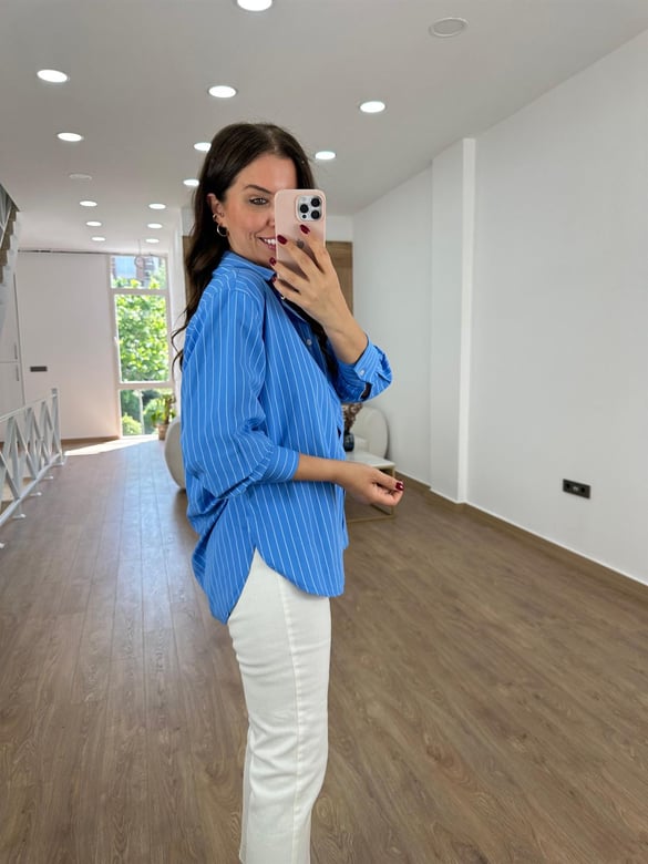 Çizgili Oversize Gömlek-Mavi
