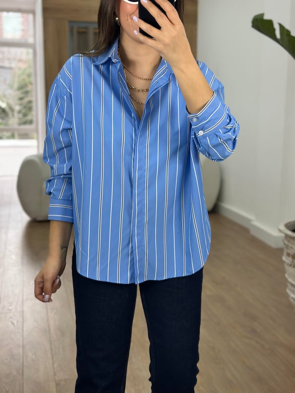 Çizgili Oversize Gömlek-Mavi