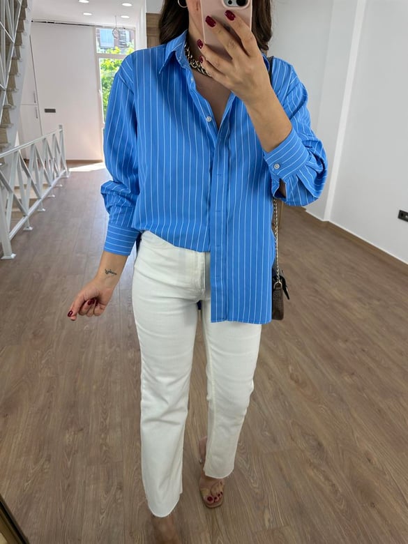 Çizgili Oversize Gömlek-Mavi