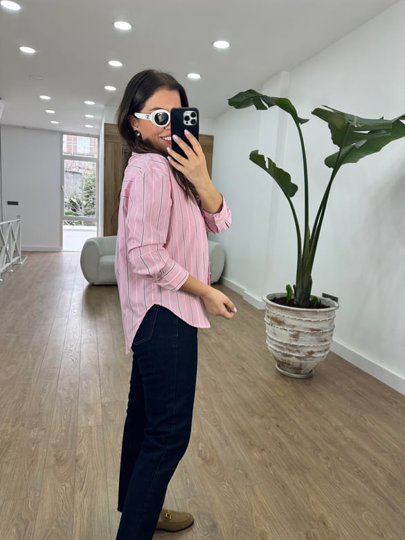 Çizgili Oversize Gömlek-Pembe