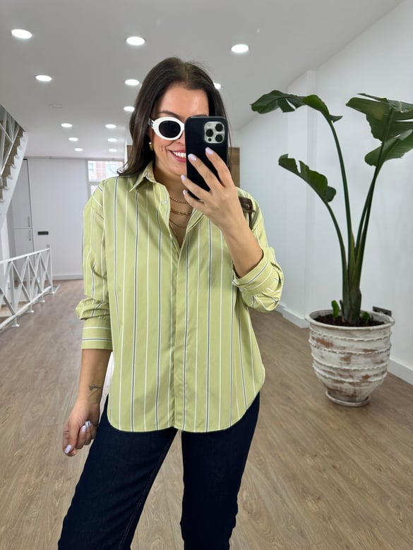 Çizgili Oversize Gömlek-Yeşil
