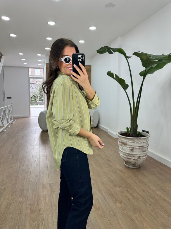 Çizgili Oversize Gömlek-Yeşil